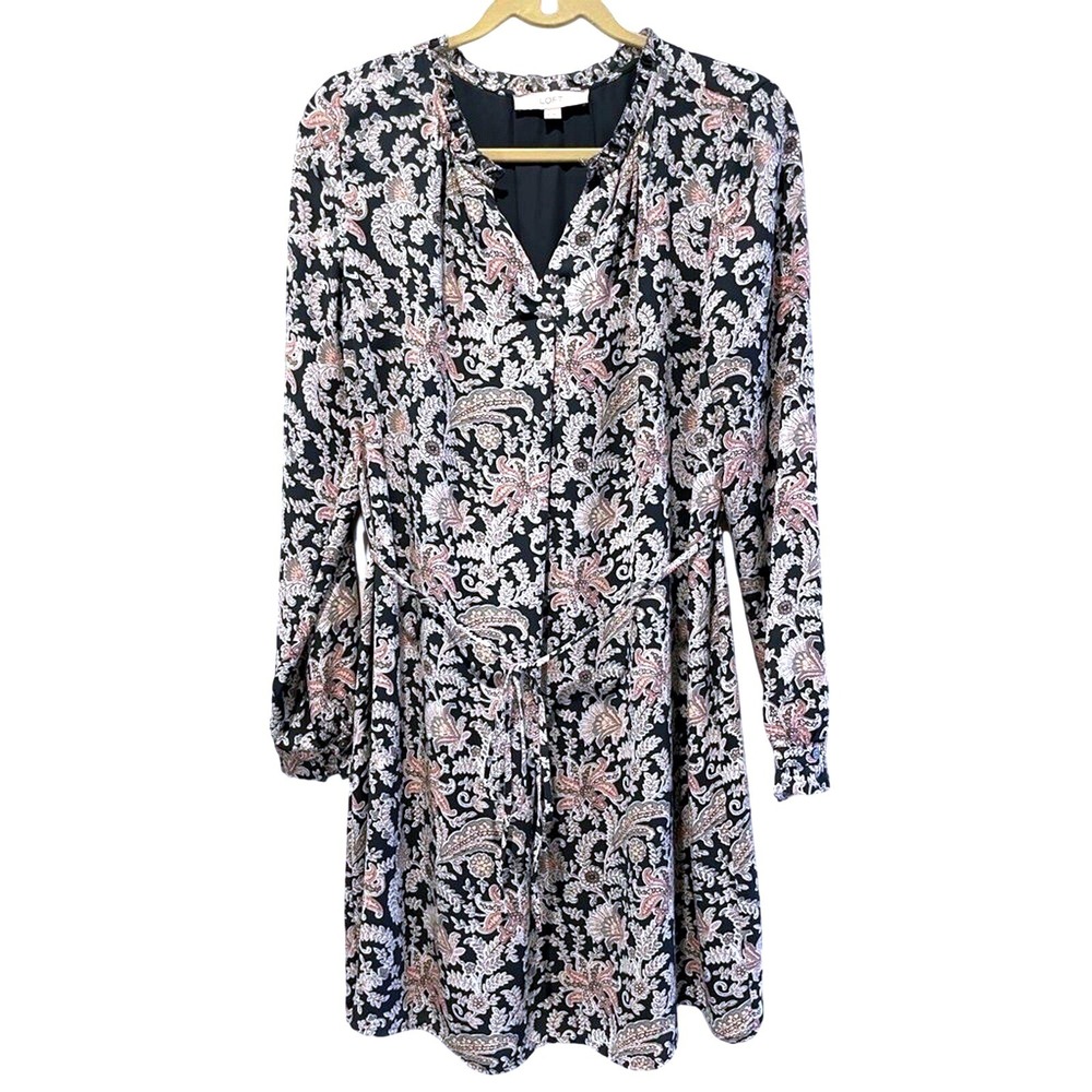 LOFT Dress Black Paisley Floral Romantic Boho Long Sleeve V-Neck‎ Women Medium